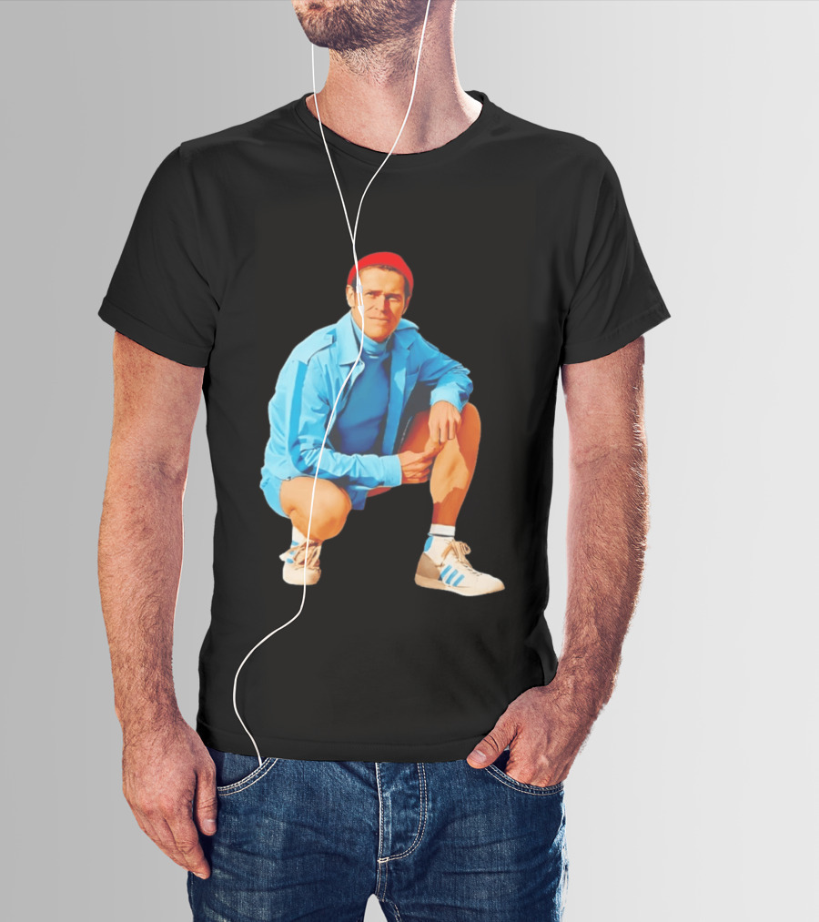 Willem Dafoe Meme Red Beanie Blue Tracksuit Squatting Pose T-Shirt