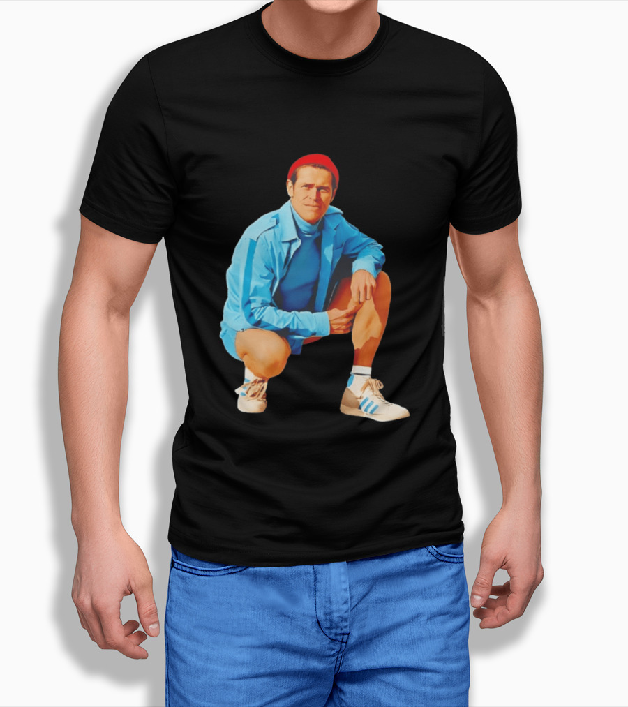 Willem Dafoe Meme Red Beanie Blue Tracksuit Squatting Pose T-Shirt