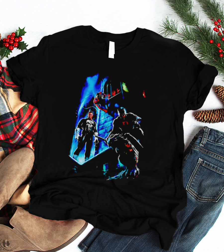 Marvel Comics Vigilante Action The Punisher Spider Man Daredevil Urban Battle Scene T-Shirt