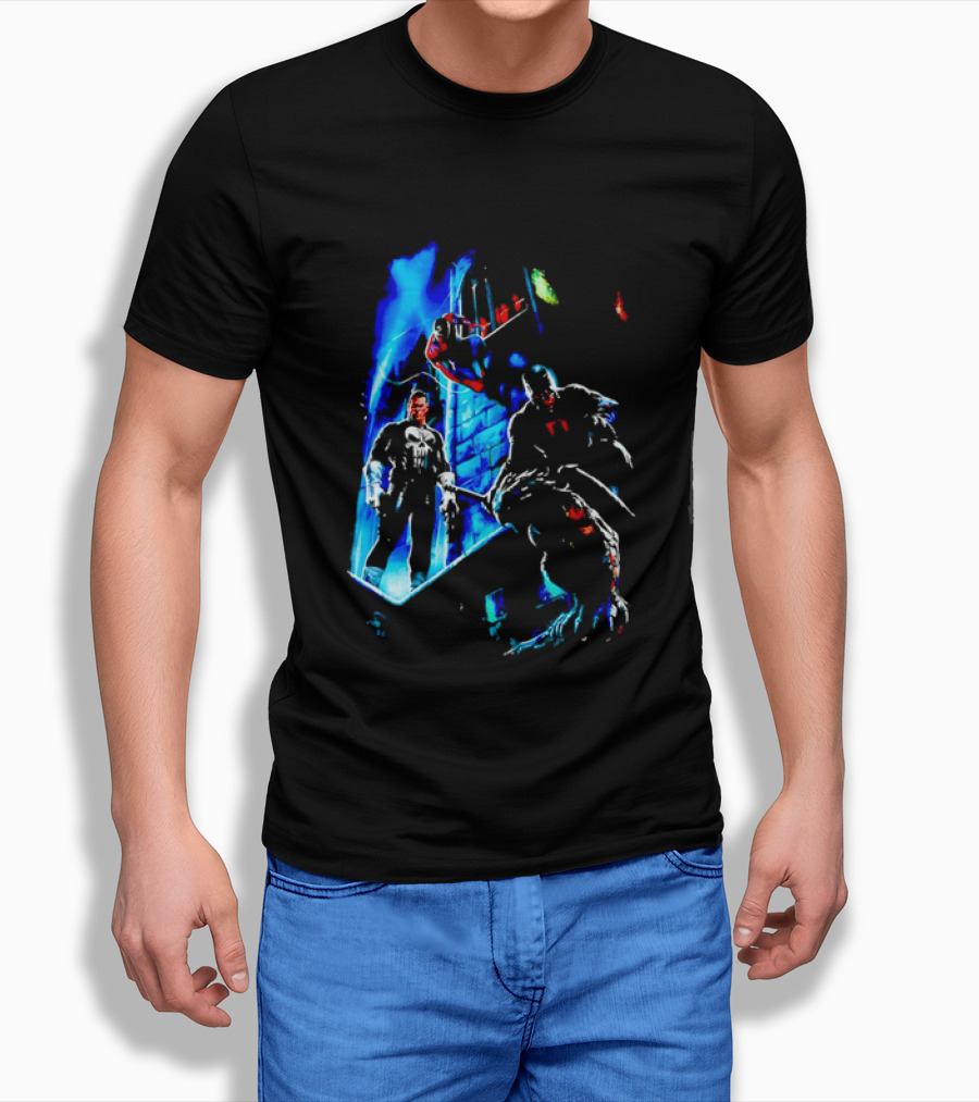 Marvel Comics Vigilante Action The Punisher Spider Man Daredevil Urban Battle Scene T-Shirt