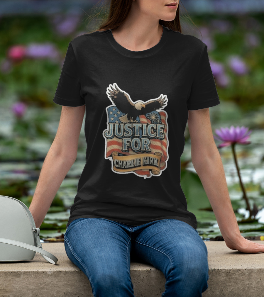 Justice For Charlie Kirk Bald Eagle American Flag Banner T-Shirt