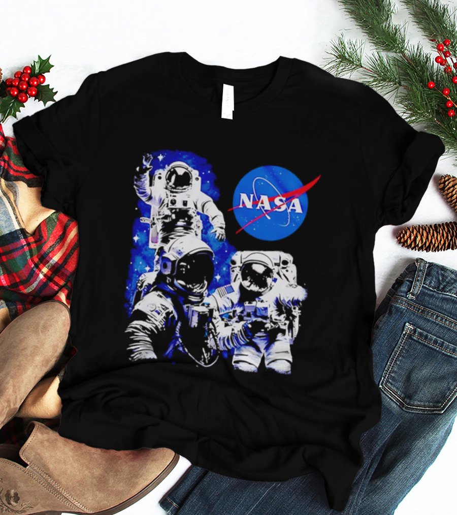 NASA Space Exploration Three Astronauts Floating In Deep Space T-Shirt