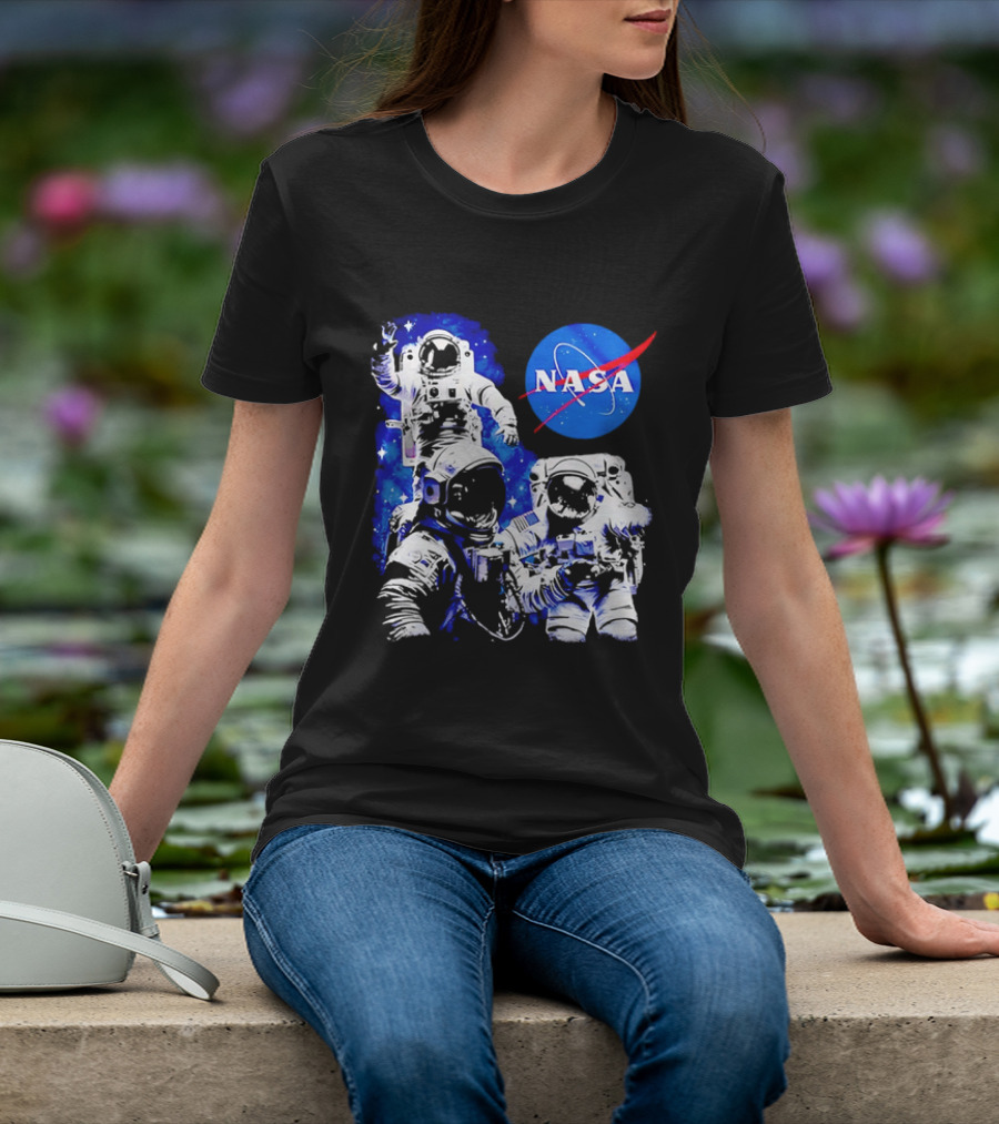 NASA Space Exploration Three Astronauts Floating In Deep Space T-Shirt