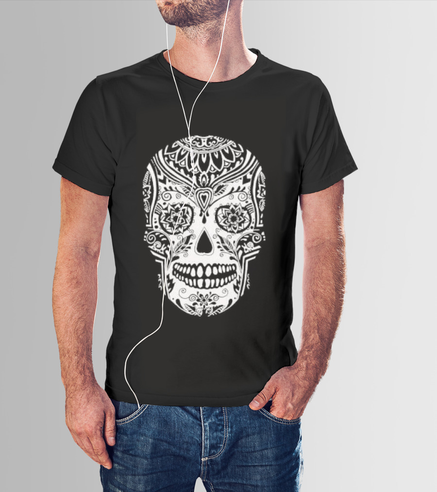 Sugar Skull Artistic Decorative Detailed Black White Intricate Motif T-Shirt