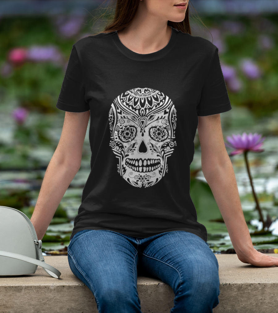 Sugar Skull Artistic Decorative Detailed Black White Intricate Motif T-Shirt