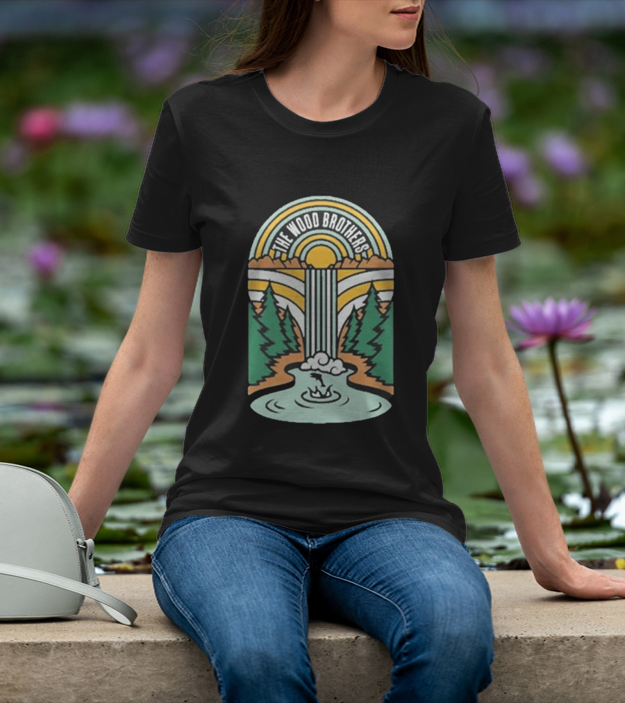 The Wood Brothers Waterfall Nature Scene With Sunburst And River Rapids T-Shirt