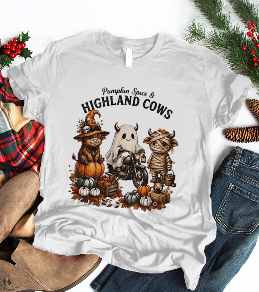 Pumpkin Spice And Highland Cows Halloween Fun T-Shirt
