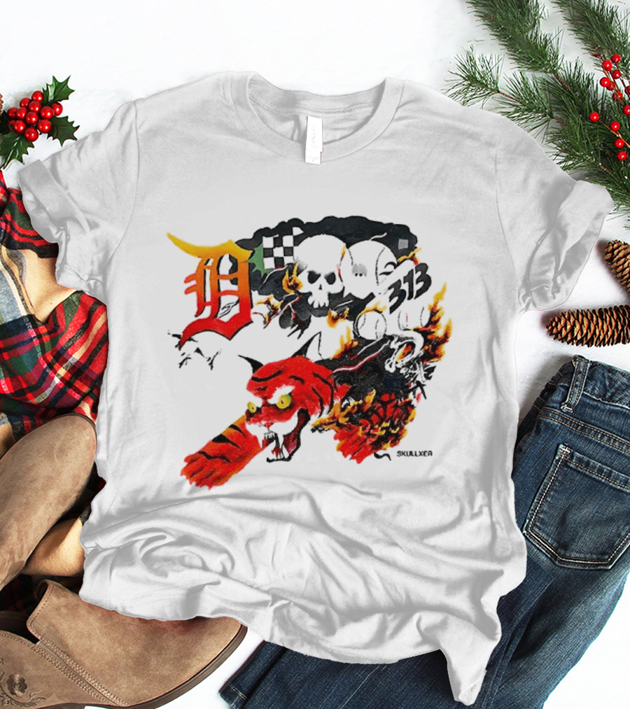 Skullxer 313 Detroit Tigers MLB 2026 With Flaming Devil And Skulls T-Shirt