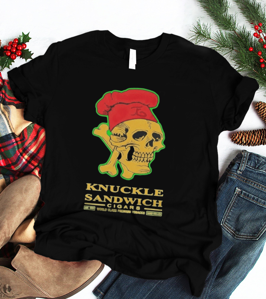 Knuckle Sandwich Cigars World Class Tobacco Skull With Red Chef Hat And Crossbones T-Shirt