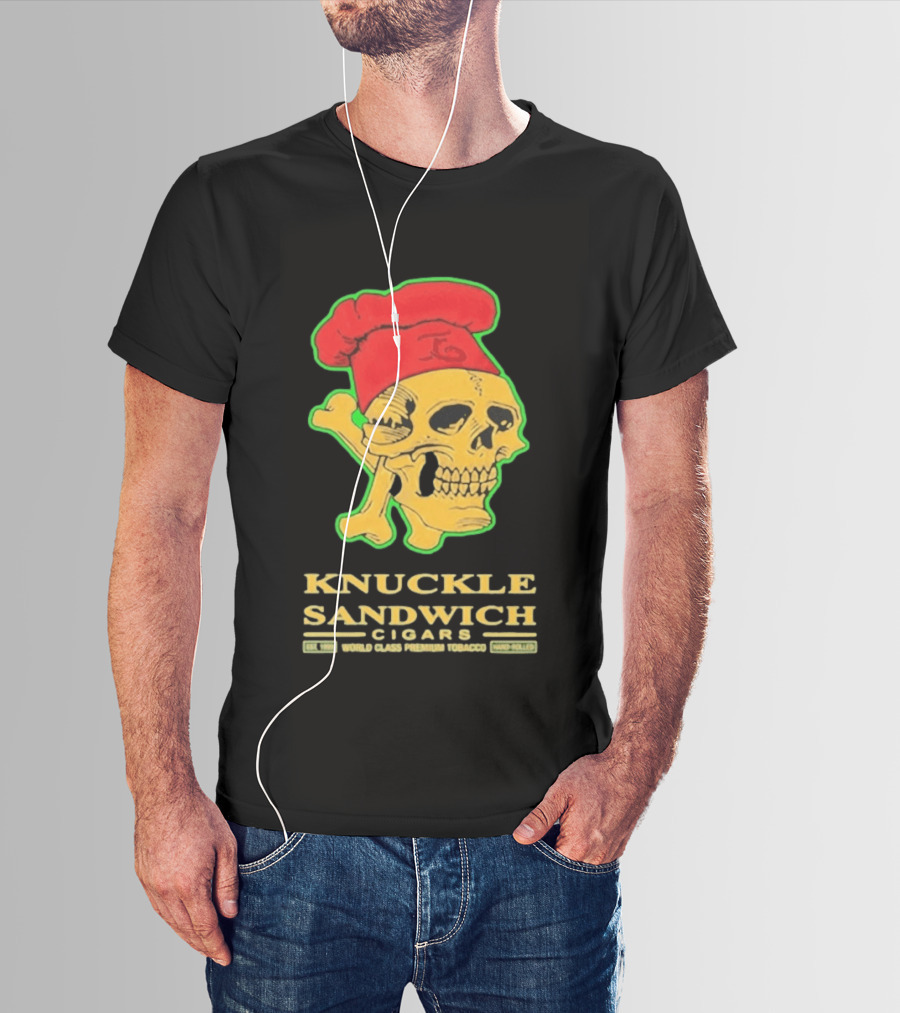 Knuckle Sandwich Cigars World Class Tobacco Skull With Red Chef Hat And Crossbones T-Shirt