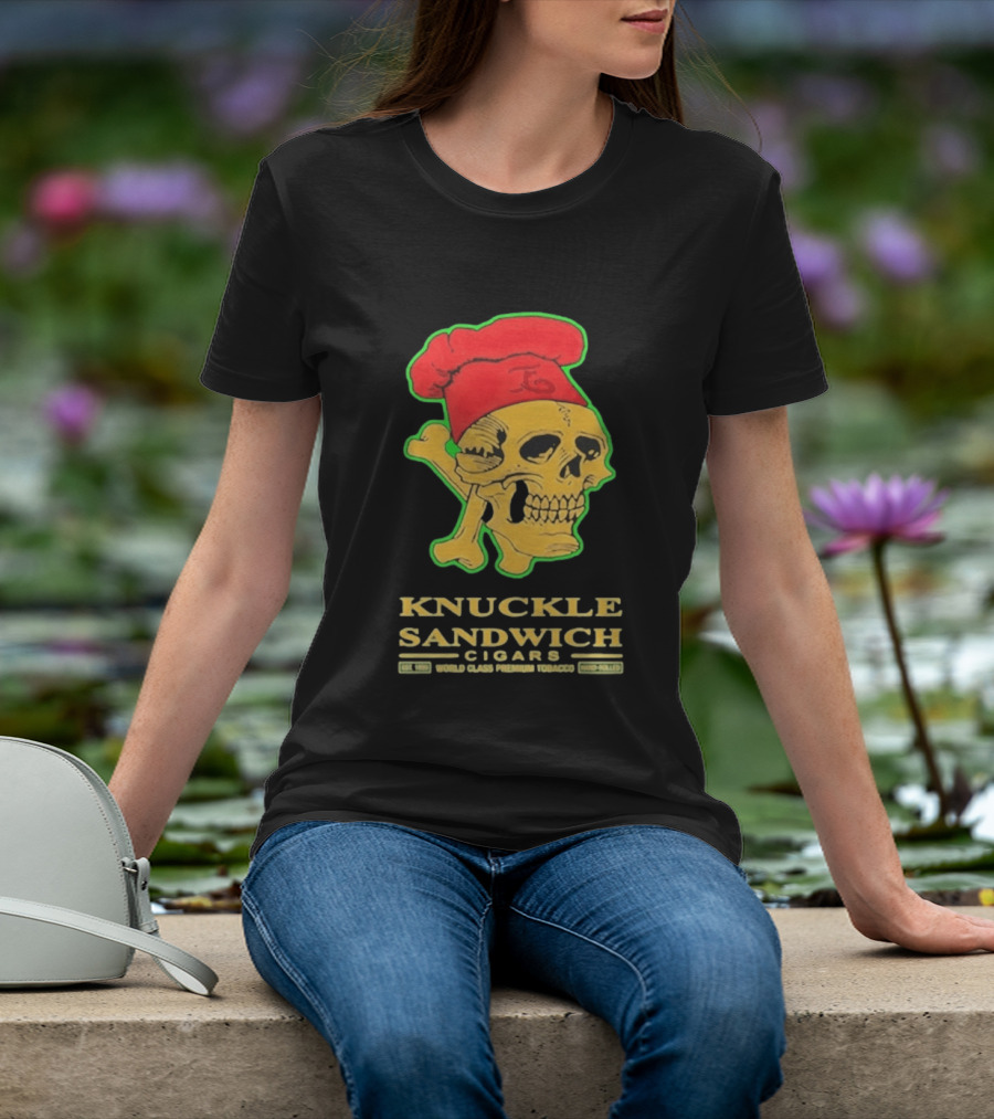 Knuckle Sandwich Cigars World Class Tobacco Skull With Red Chef Hat And Crossbones T-Shirt
