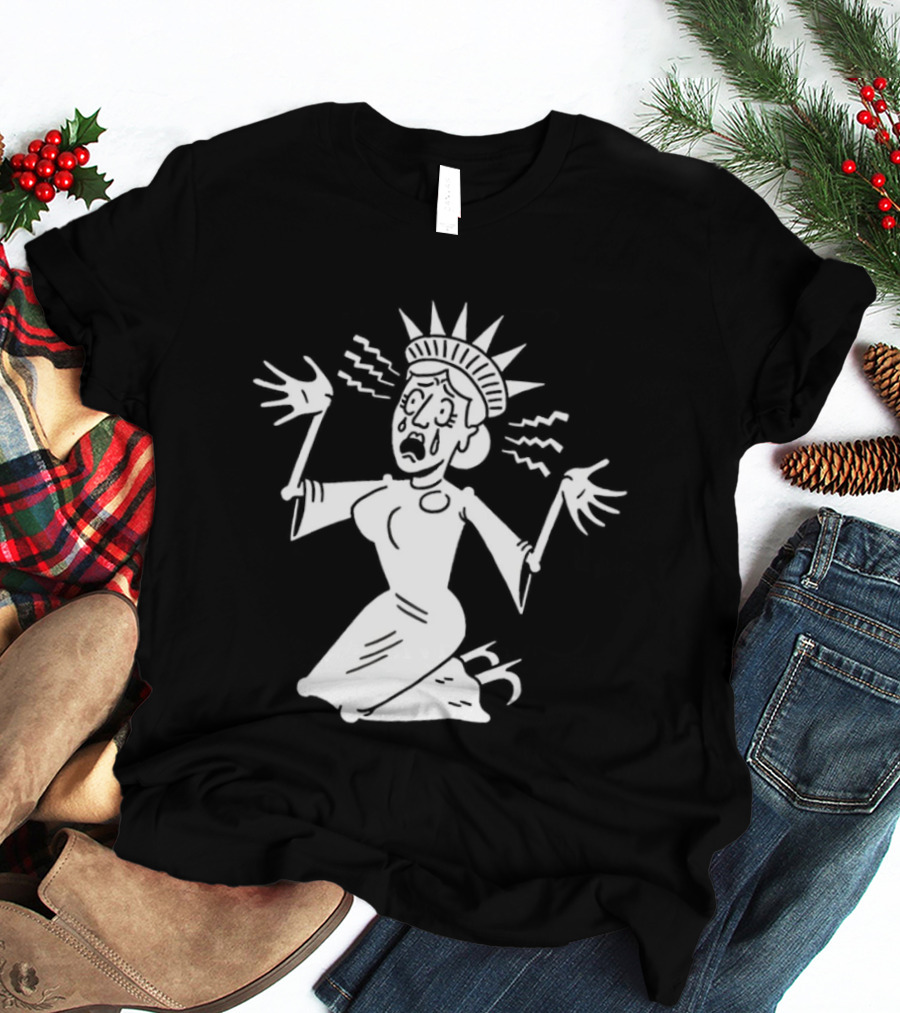 Lady Liberty Patriotic Panic Cartoon Sketch Yankee Doodle Distress T-Shirt