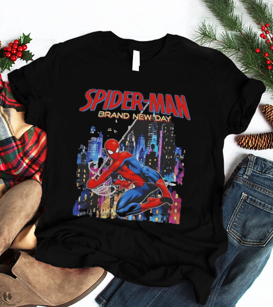 Spider Man Brand New Day Web Superhero Swinging City Night Marvel Studios T-Shirt