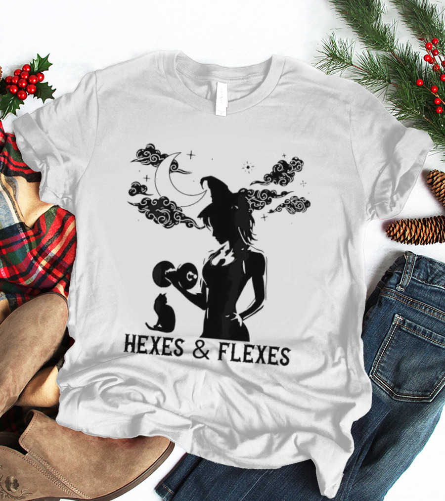 Spooky Fitness Witch Lifting Dumbbell With Cat Hexes & Flexes Moon Clouds T-Shirt