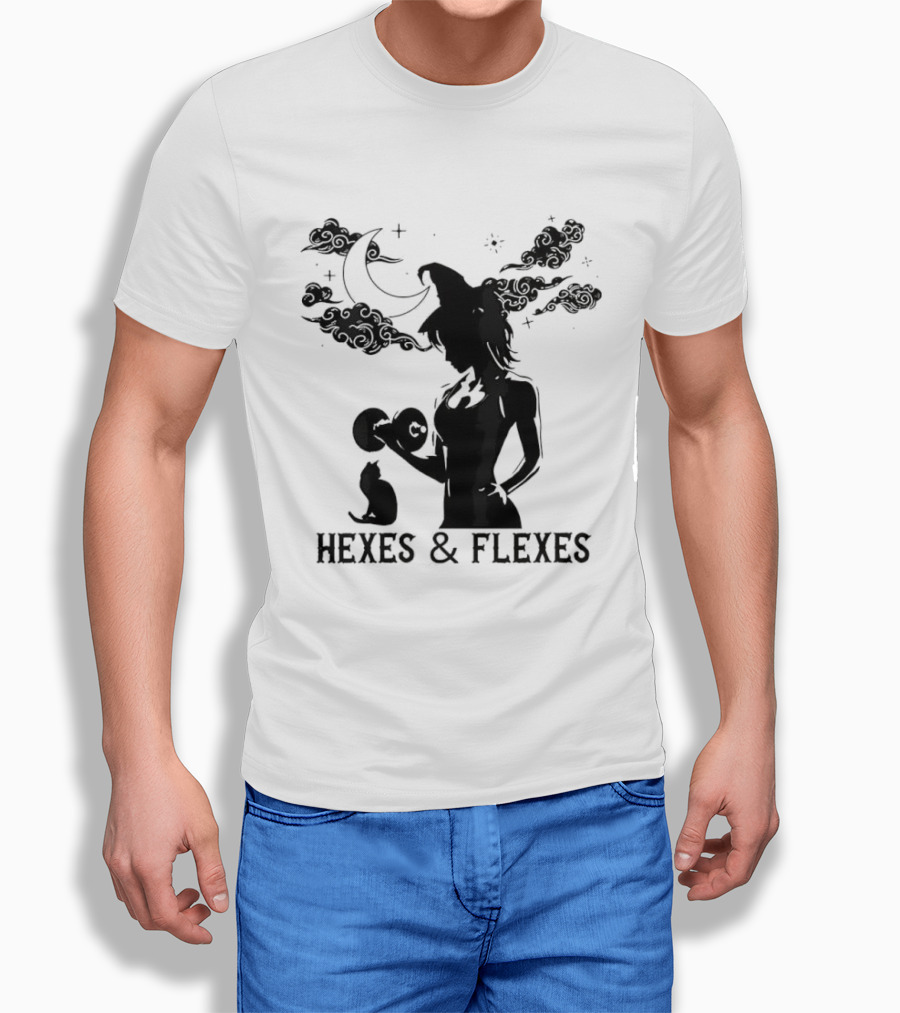 Spooky Fitness Witch Lifting Dumbbell With Cat Hexes & Flexes Moon Clouds T-Shirt