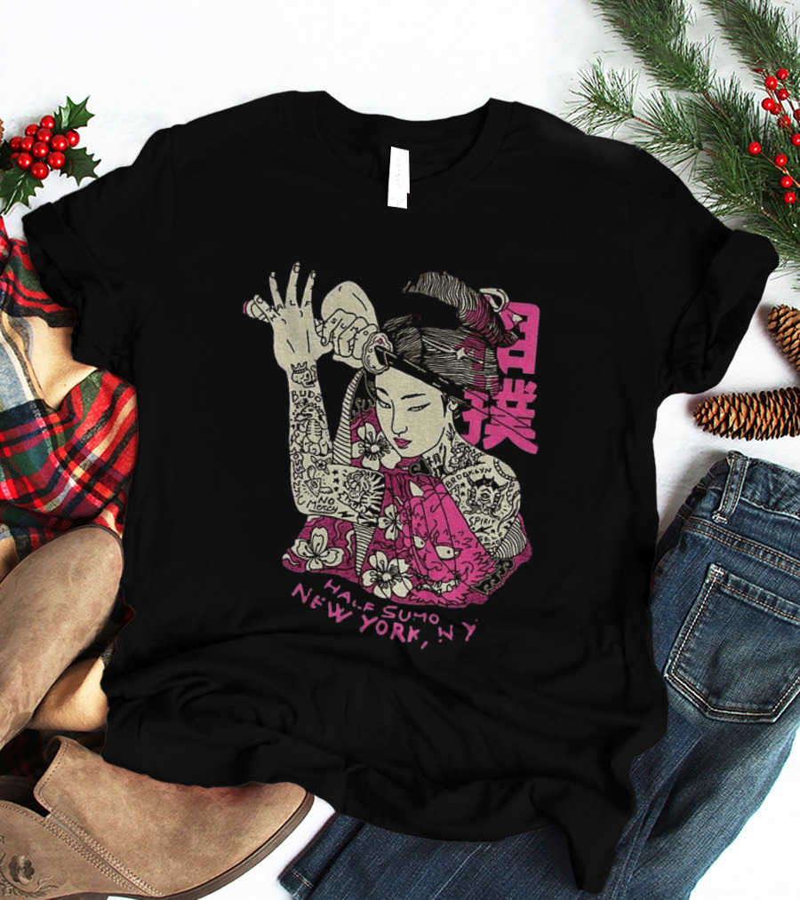Tattooed Geisha With Katana And Flowers Japanese Samurai Half Sumo New York NY T-Shirt