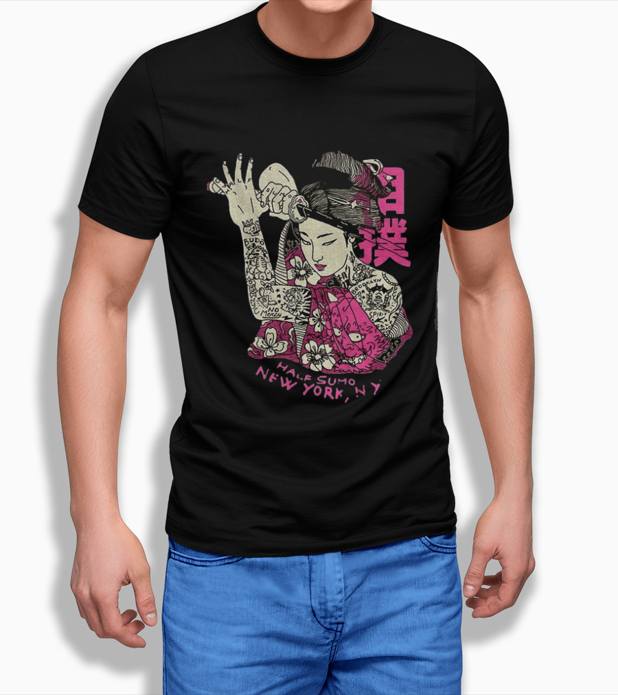 Tattooed Geisha With Katana And Flowers Japanese Samurai Half Sumo New York NY T-Shirt