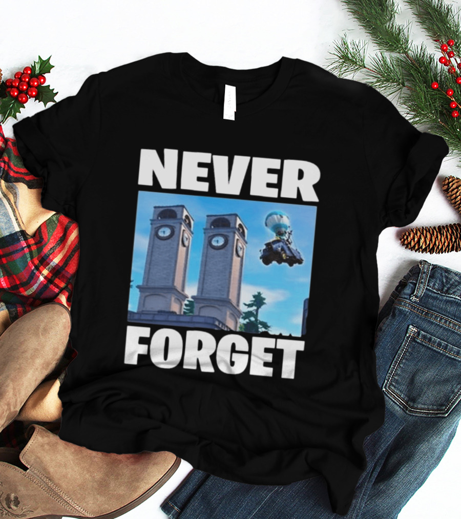 NEVER FORGET Twin Tilted Towers Fortnite Battle Bus T-Shirt