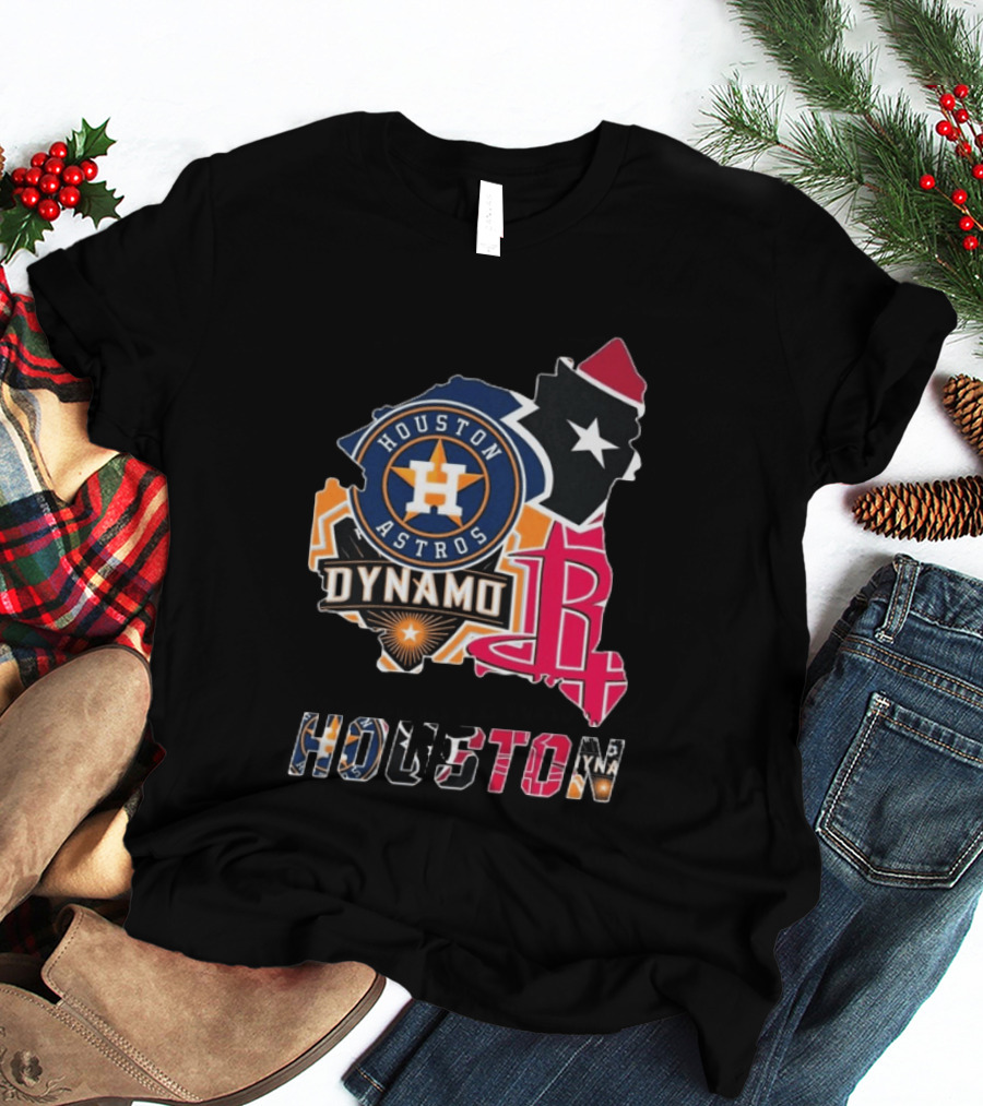 Houston Astros Texans Dynamo Rockets Map Logo Collage T-Shirt