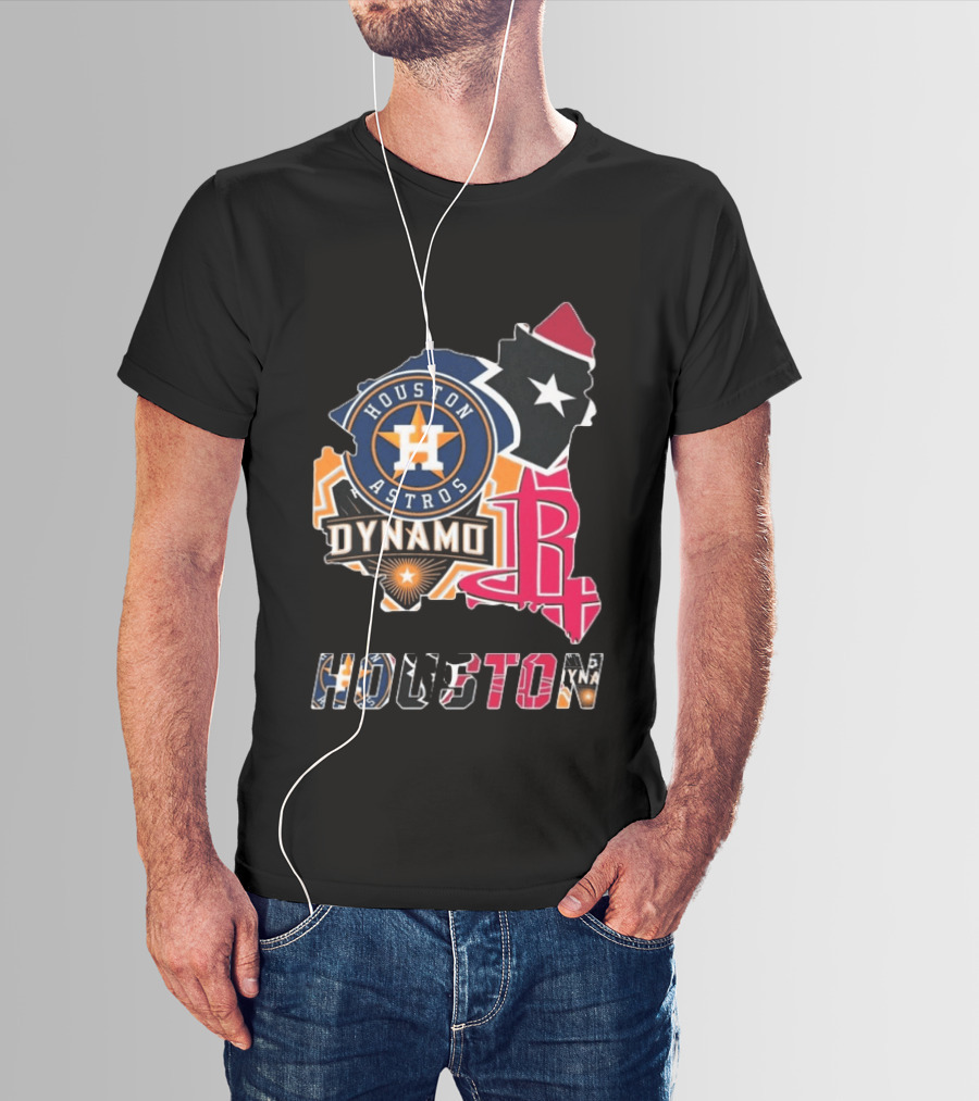Houston Astros Texans Dynamo Rockets Map Logo Collage T-Shirt