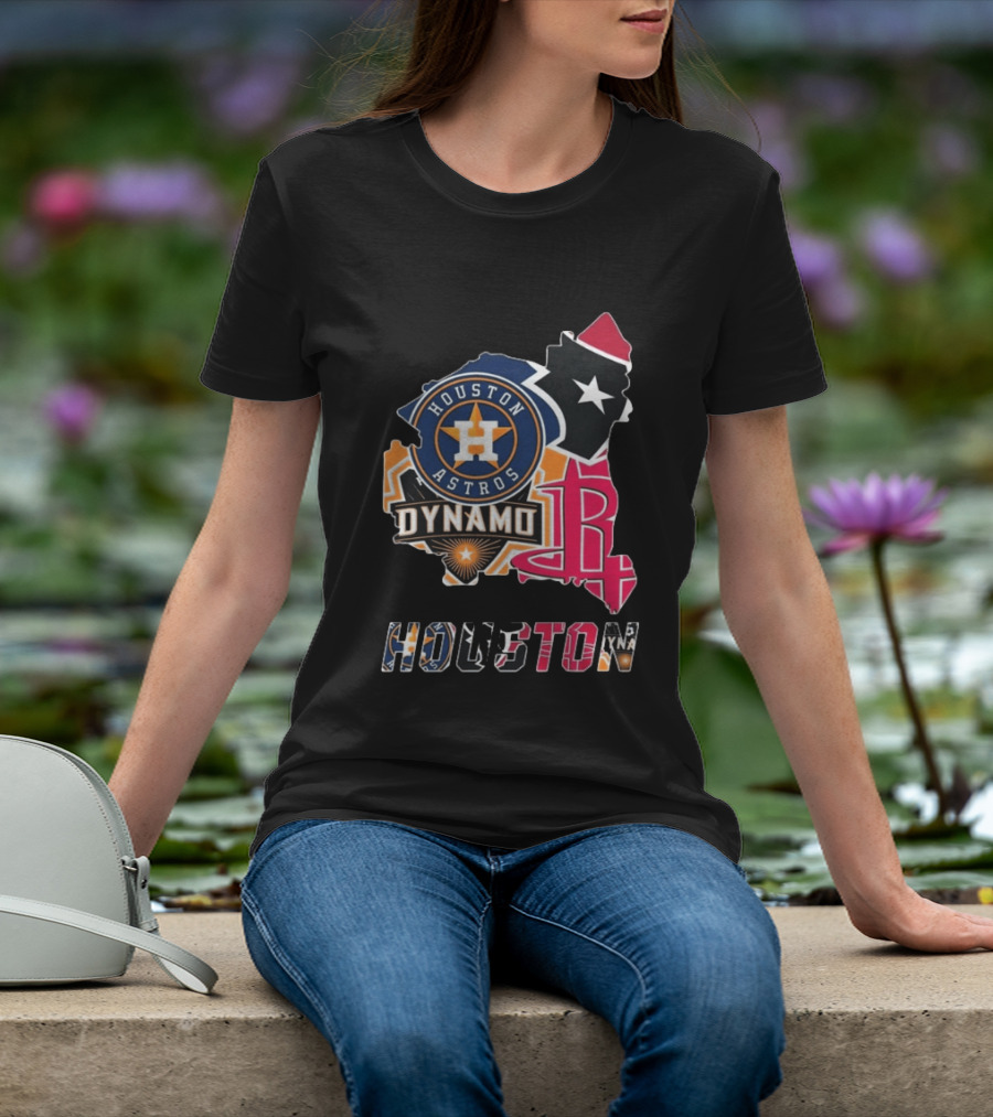 Houston Astros Texans Dynamo Rockets Map Logo Collage T-Shirt