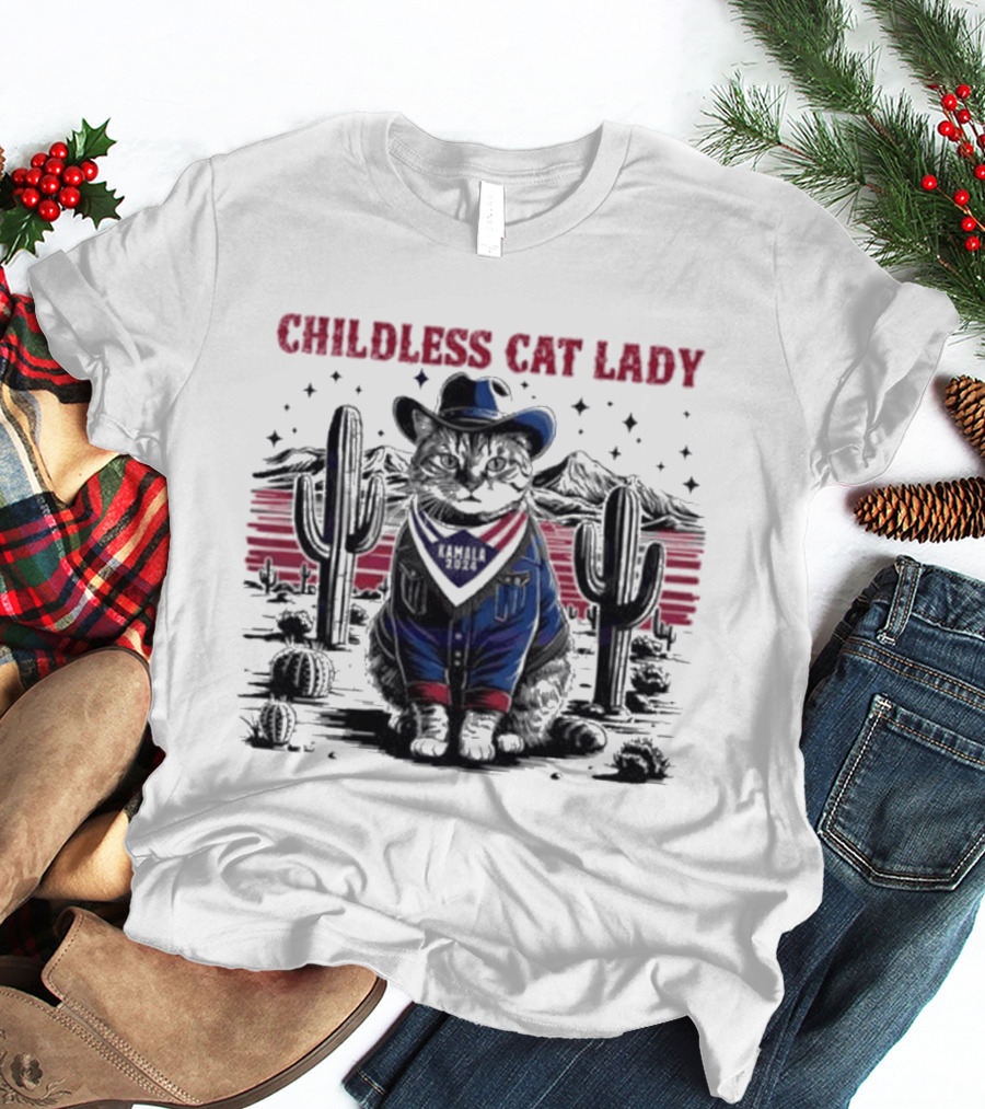 Kamala 2024 Childless Cat Lady Cowboy Desert Cactus Scene T-Shirt