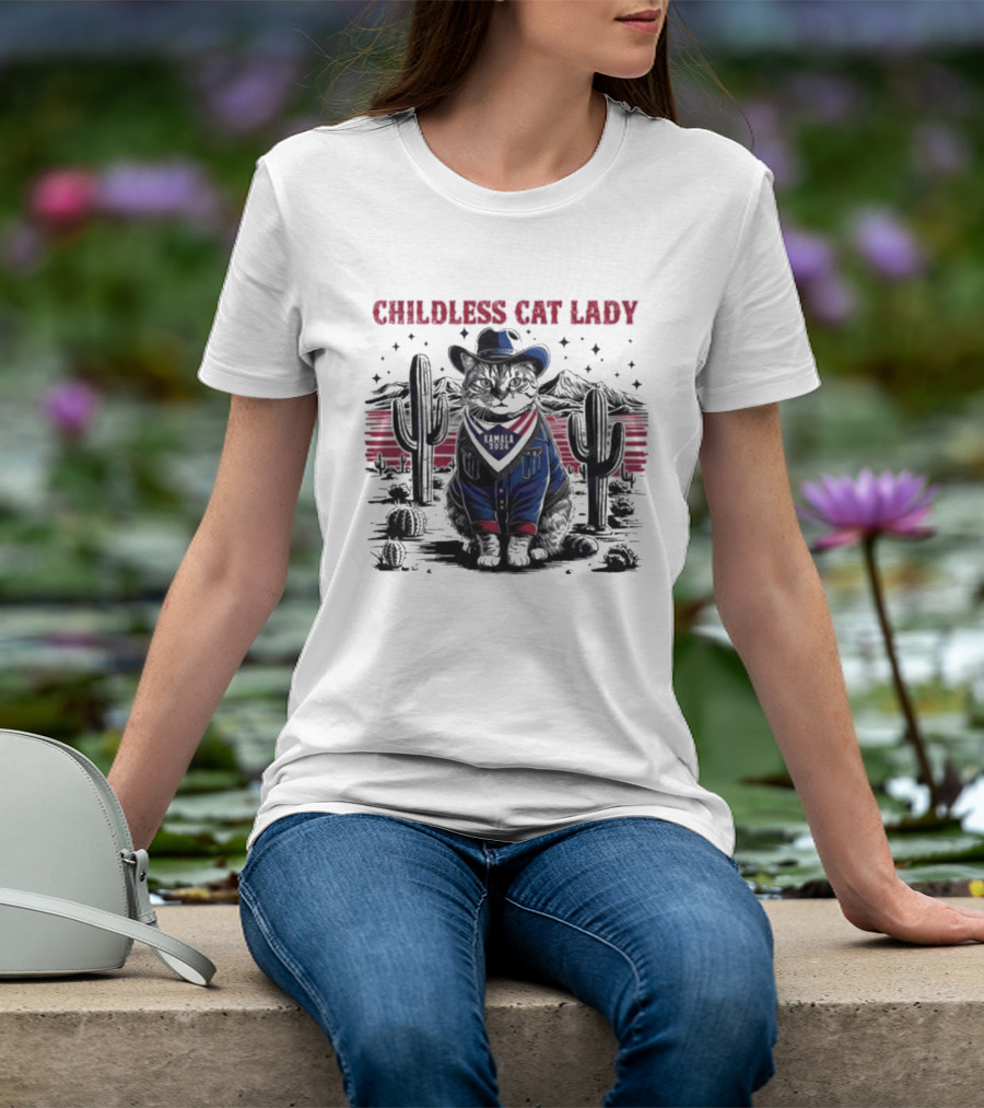 Kamala 2024 Childless Cat Lady Cowboy Desert Cactus Scene T-Shirt