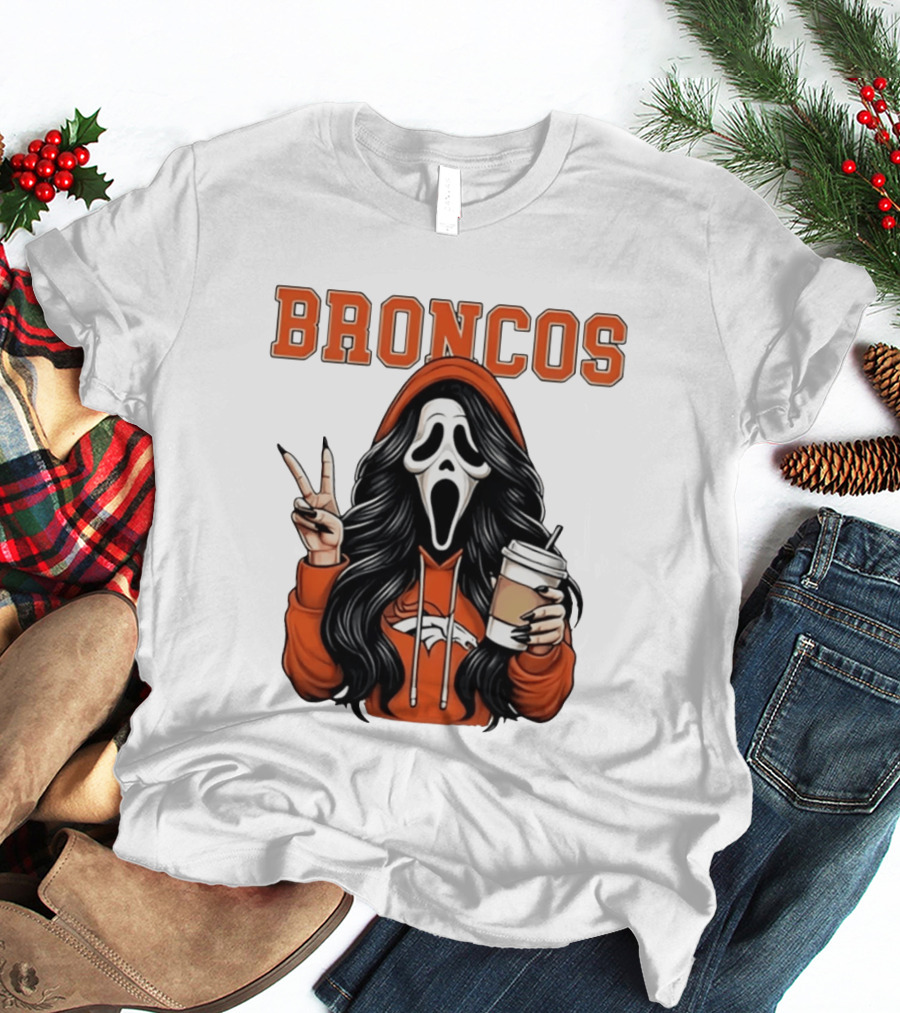 Broncos Ghostface Scream Halloween Coffee Peace Sign T-Shirt