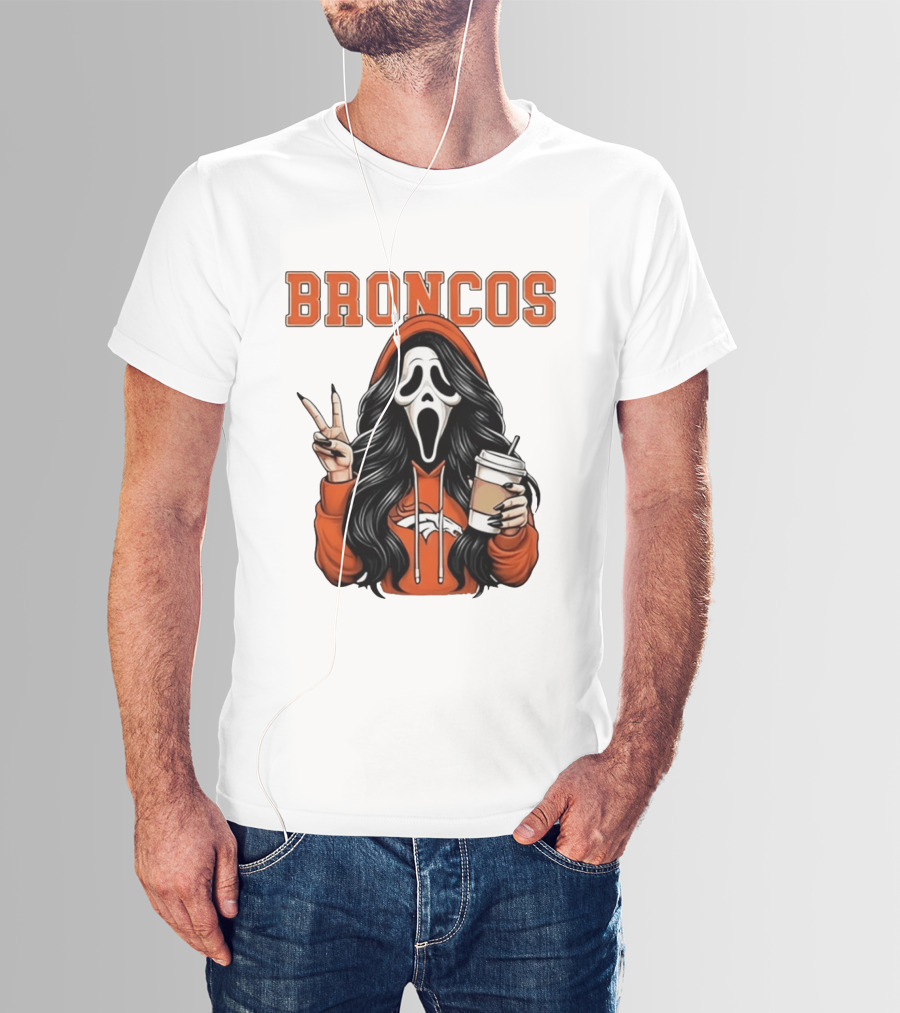 Broncos Ghostface Scream Halloween Coffee Peace Sign T-Shirt
