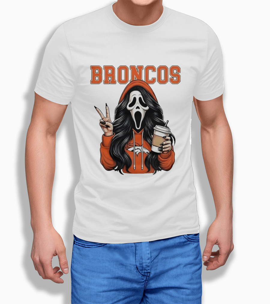 Broncos Ghostface Scream Halloween Coffee Peace Sign T-Shirt