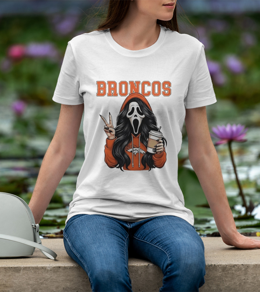 Broncos Ghostface Scream Halloween Coffee Peace Sign T-Shirt
