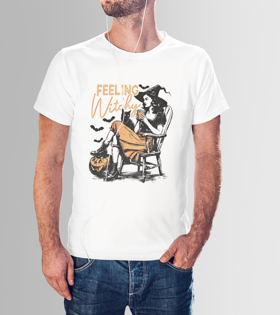 Feeling Witchy Witch With Pumpkin And Bats Halloween Vibes T-Shirt