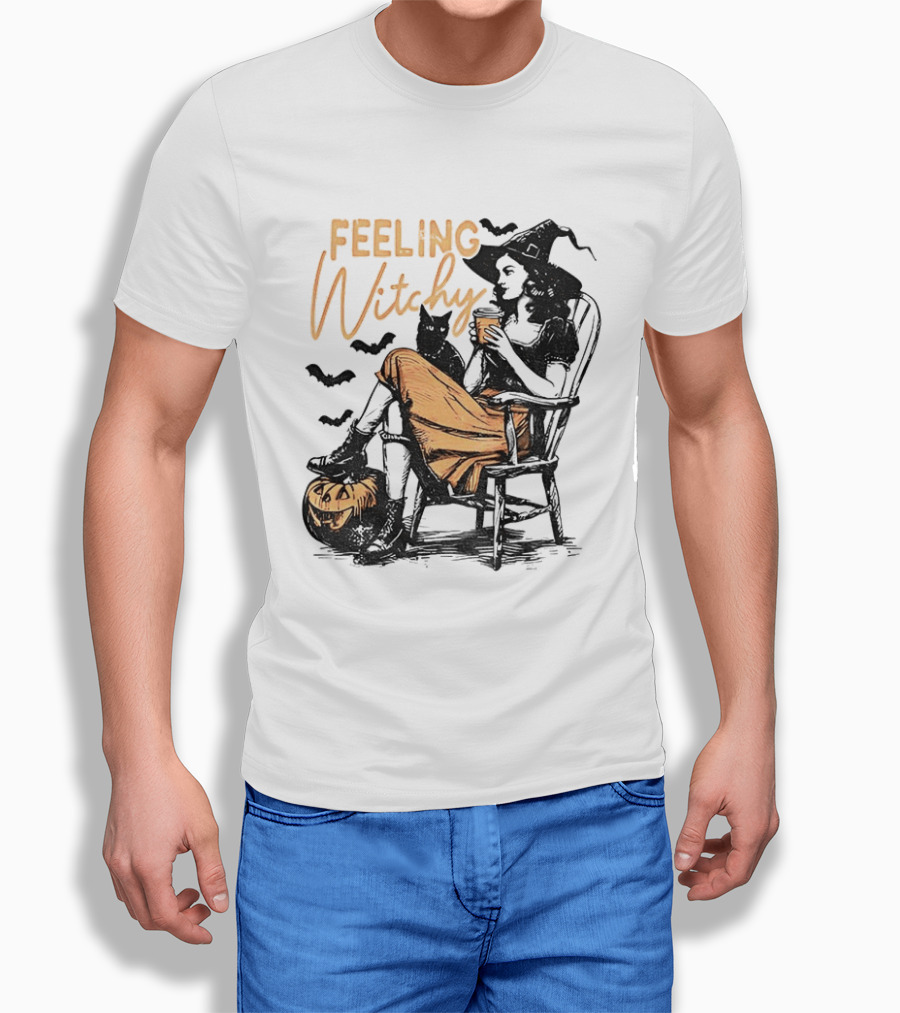 Feeling Witchy Witch With Pumpkin And Bats Halloween Vibes T-Shirt