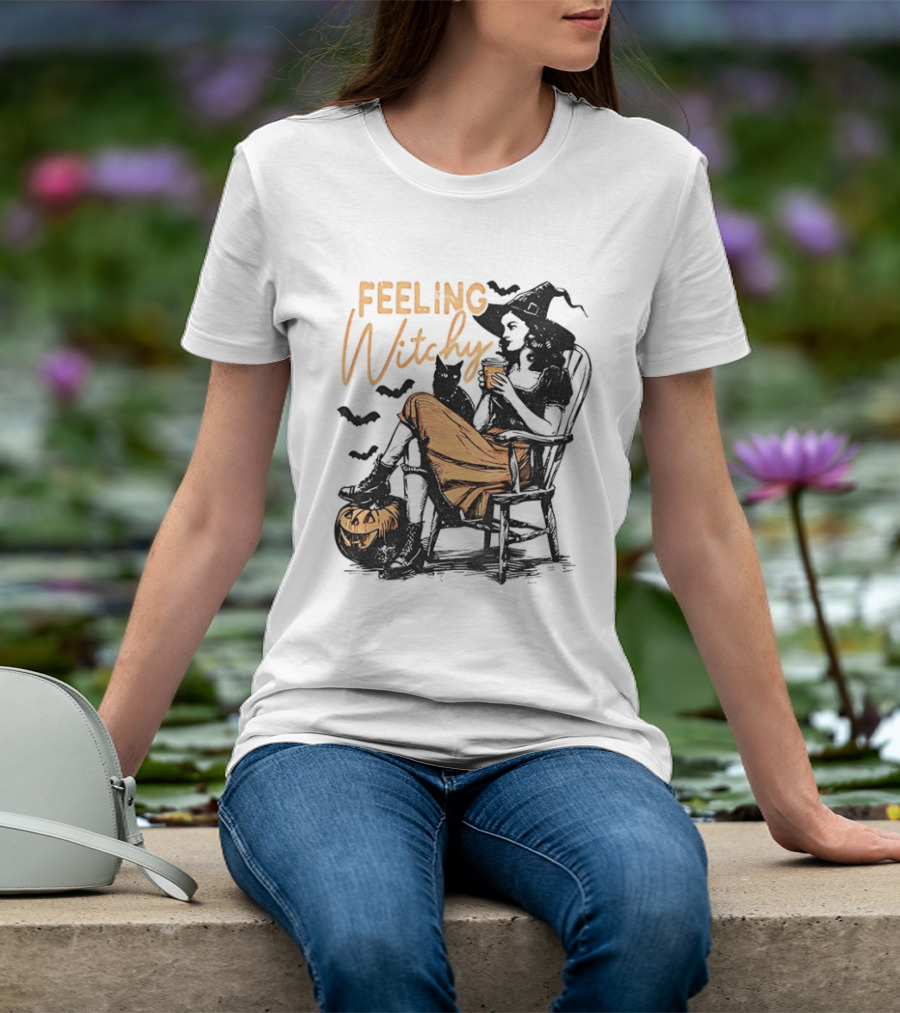 Feeling Witchy Witch With Pumpkin And Bats Halloween Vibes T-Shirt
