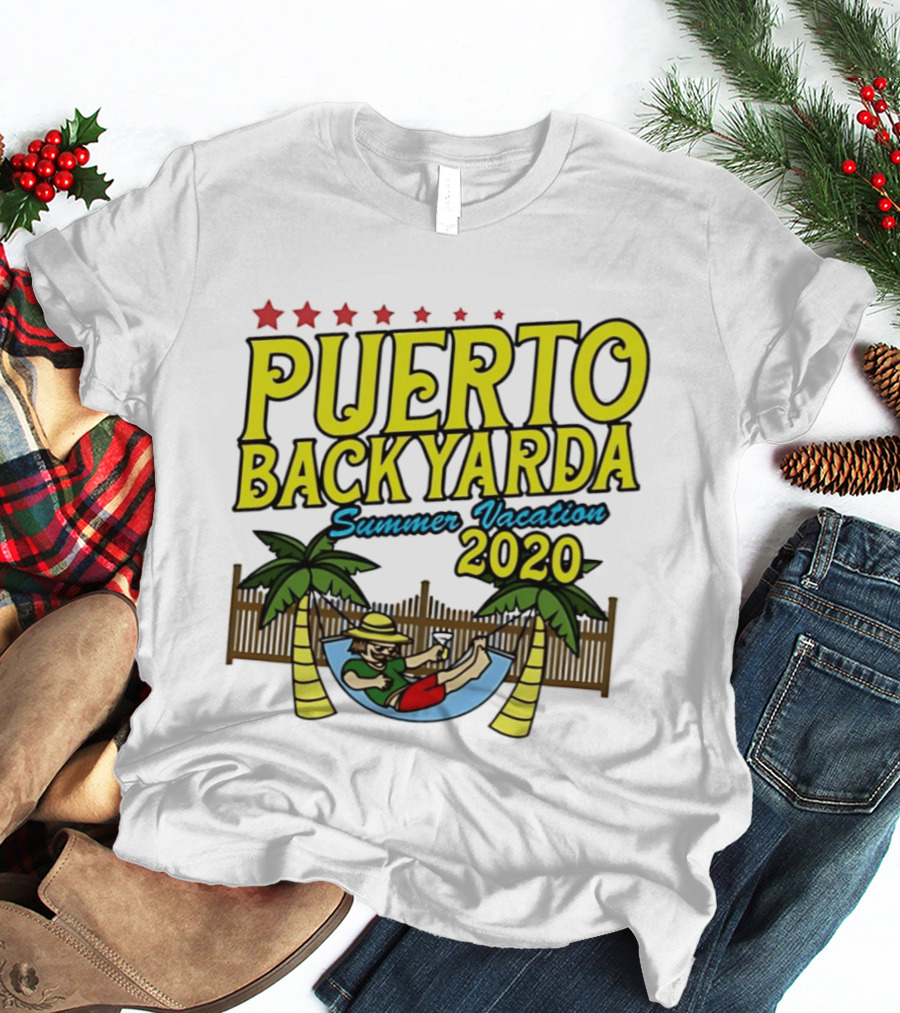 Puerto Backyarda Summer Vacation 2020 Relaxing Hammock Palm Trees Retro Cartoon T-Shirt