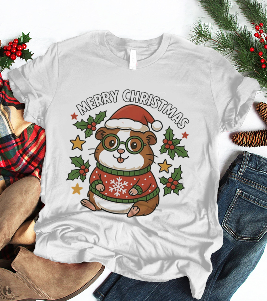 Merry Christmas Santa Guinea Pig In Holiday Sweater With Holly And Stars T-Shirt