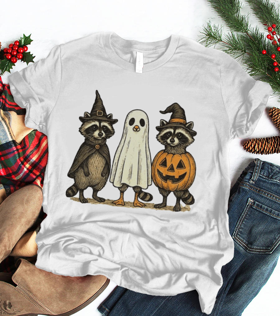 Spooky Boo Ghost Raccoon Pumpkin Raccoon Witch Hat Happy Halloween 2025 T-Shirt