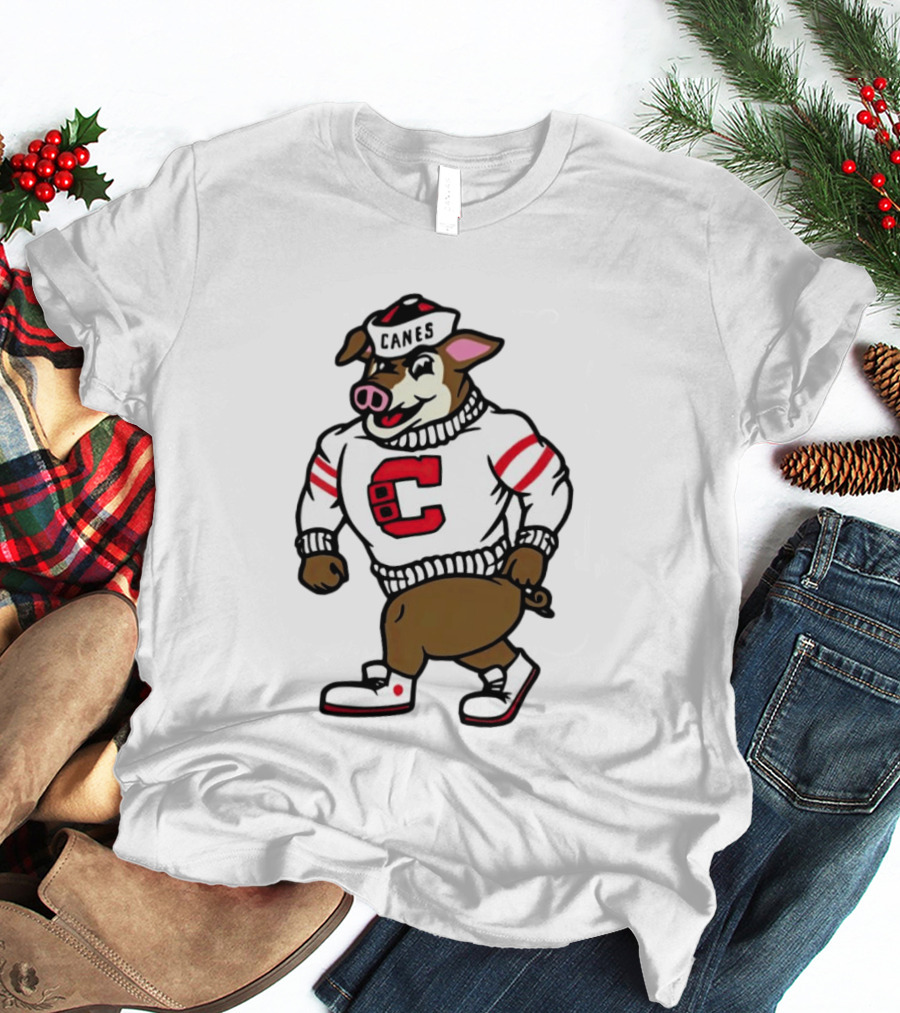 Canes Mascot Pig In Red And White Sweater With Stripes T-Shirt