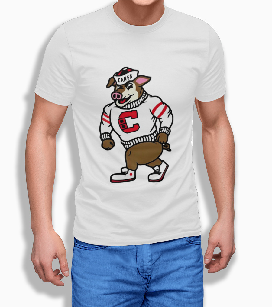 Canes Mascot Pig In Red And White Sweater With Stripes T-Shirt