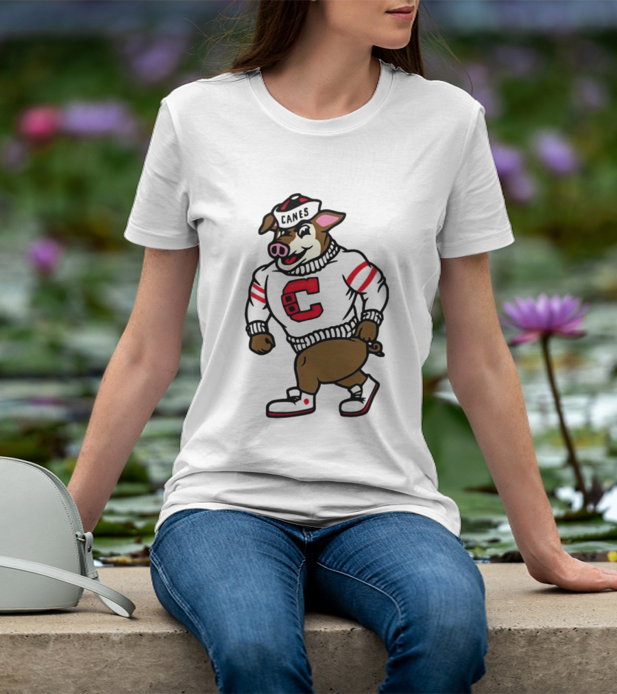 Canes Mascot Pig In Red And White Sweater With Stripes T-Shirt