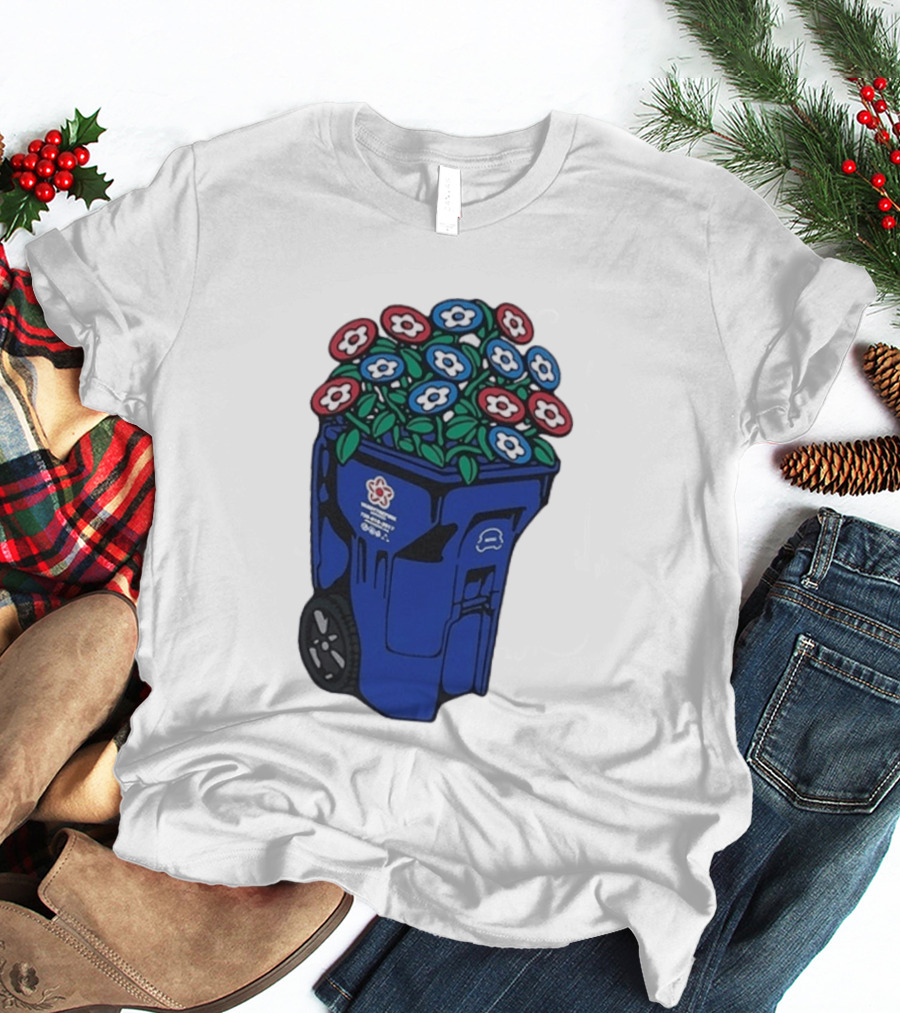 Vandy The Pink Trash Can Blue Recycling Bin Flowers T-Shirt