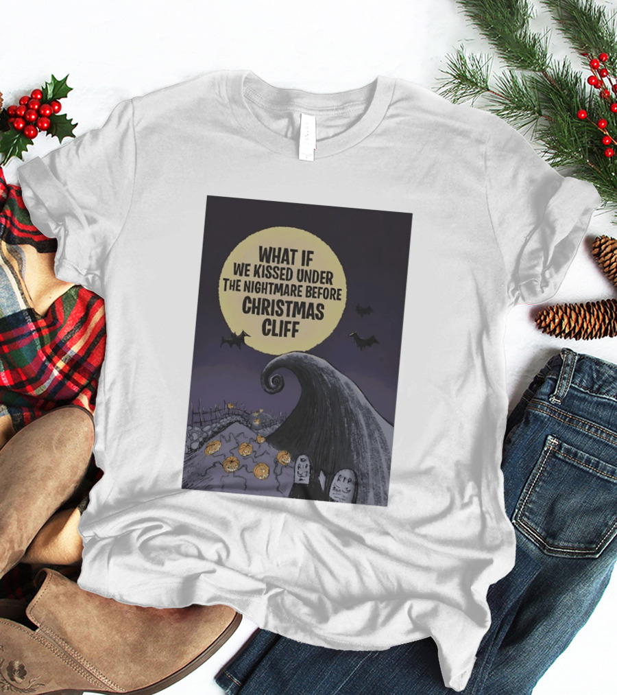 What If We Kissed Under The Nightmare Before Christmas Cliff Halloween Moon Bats Pumpkins Graveyard Scene T-Shirt