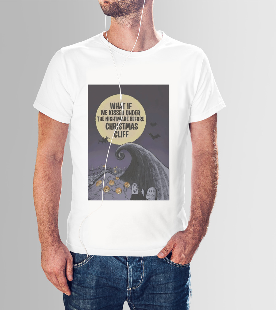 What If We Kissed Under The Nightmare Before Christmas Cliff Halloween Moon Bats Pumpkins Graveyard Scene T-Shirt