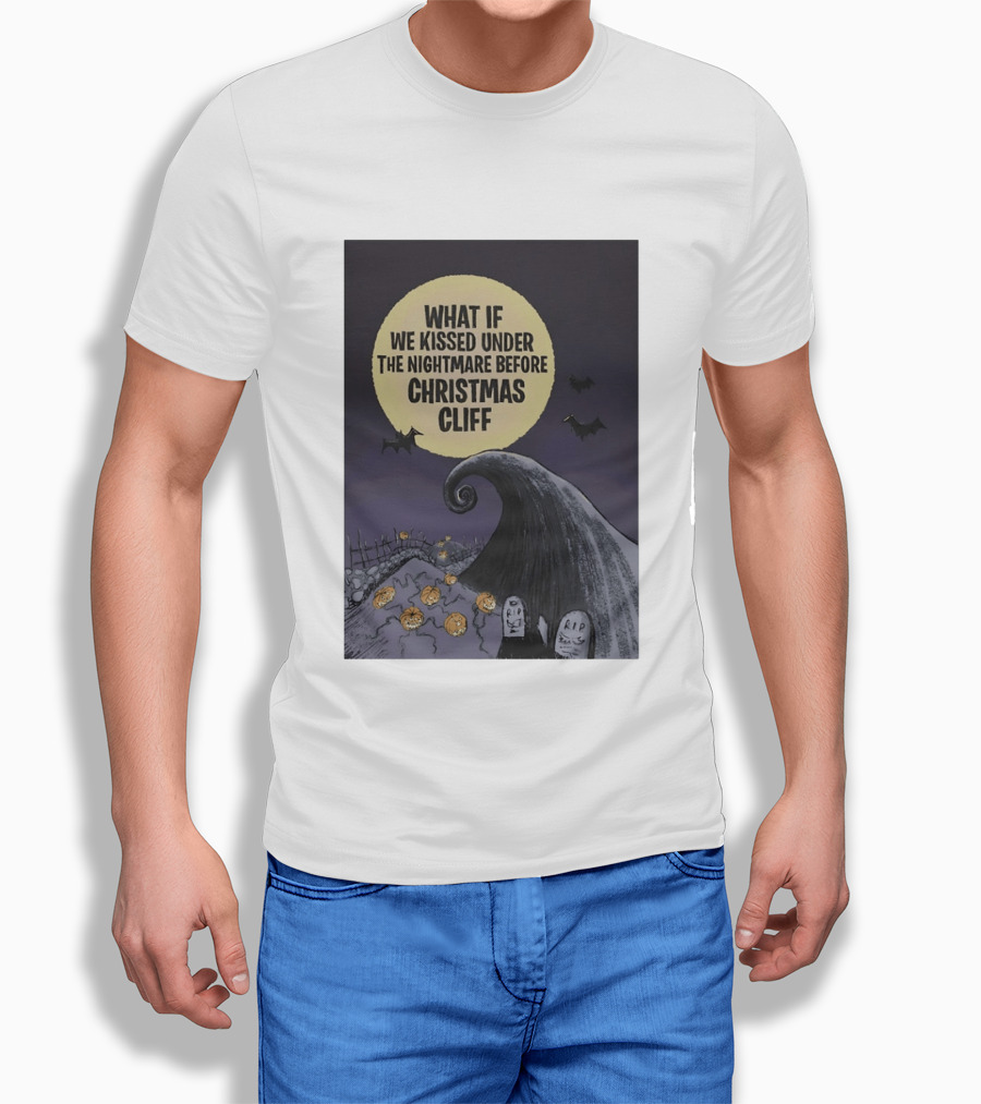 What If We Kissed Under The Nightmare Before Christmas Cliff Halloween Moon Bats Pumpkins Graveyard Scene T-Shirt