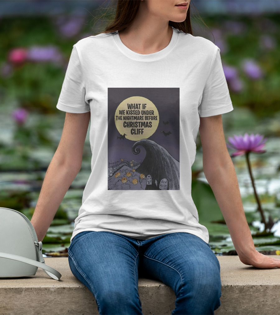 What If We Kissed Under The Nightmare Before Christmas Cliff Halloween Moon Bats Pumpkins Graveyard Scene T-Shirt