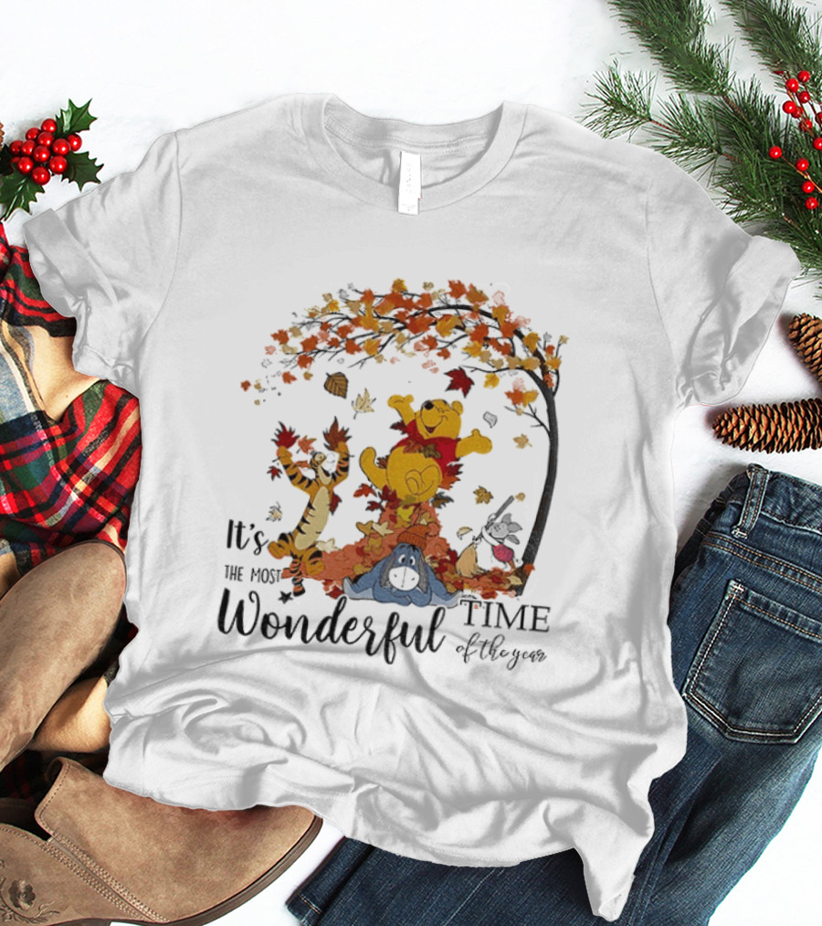 Winnie The Pooh It's The Most Wonderful Time Of The Year Happy Fall Autumn Leaves T-Shirt