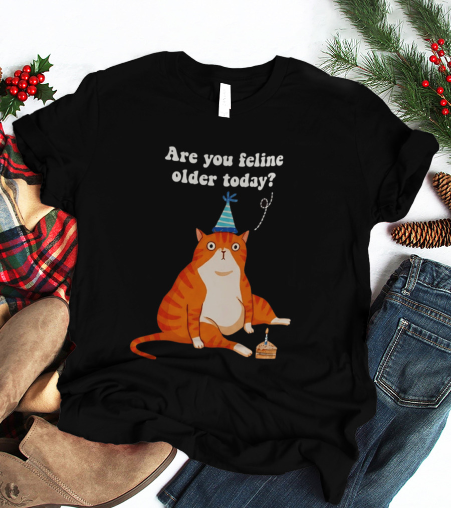 Are You Feline Older Today Birthday Cat With Party Hat And Cake T-Shirt