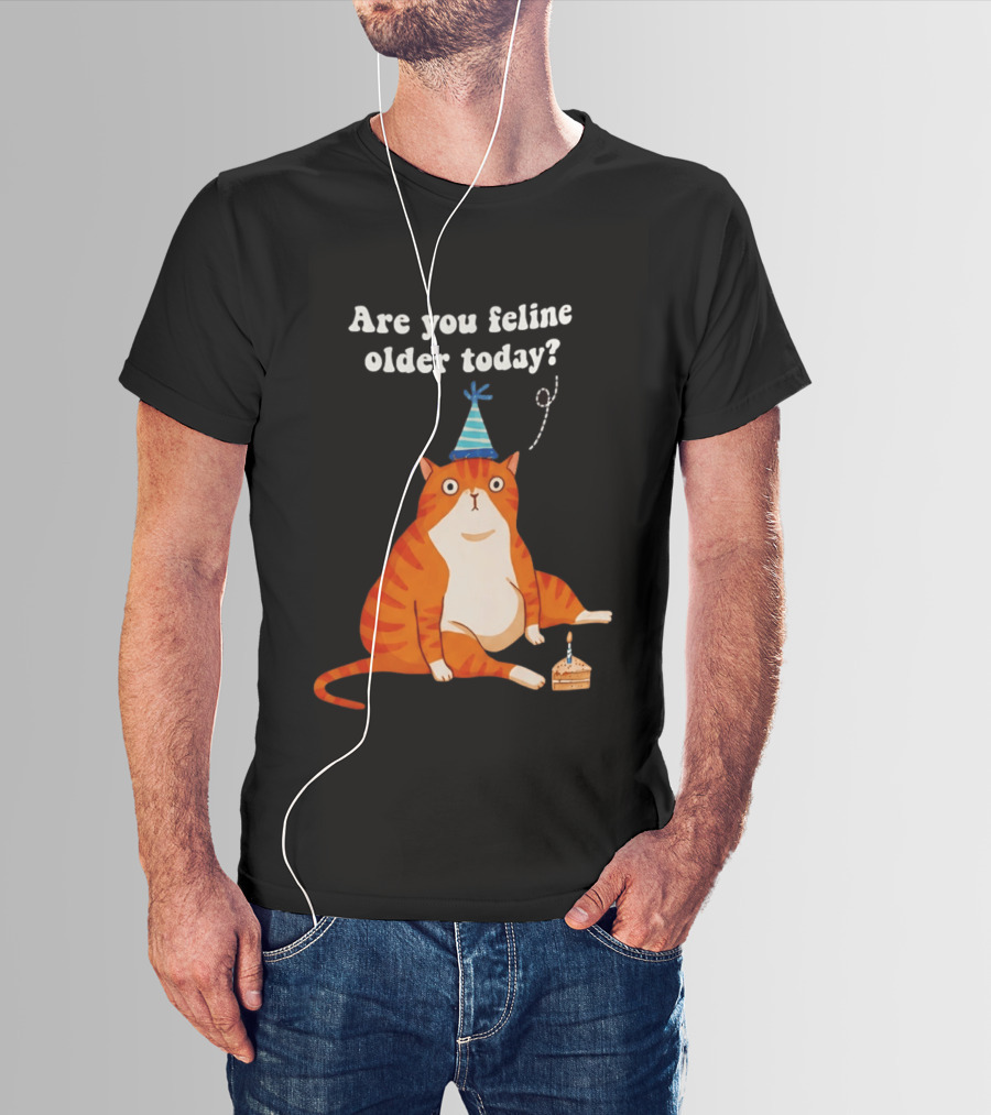 Are You Feline Older Today Birthday Cat With Party Hat And Cake T-Shirt