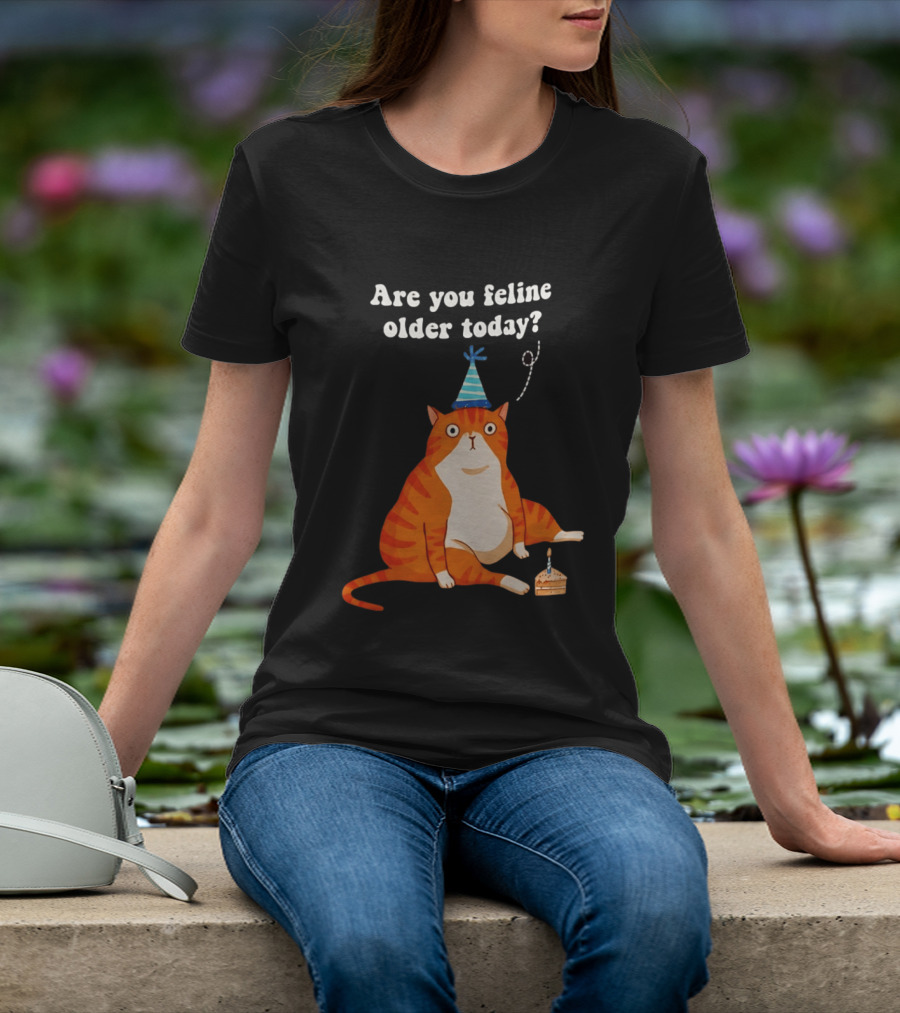 Are You Feline Older Today Birthday Cat With Party Hat And Cake T-Shirt