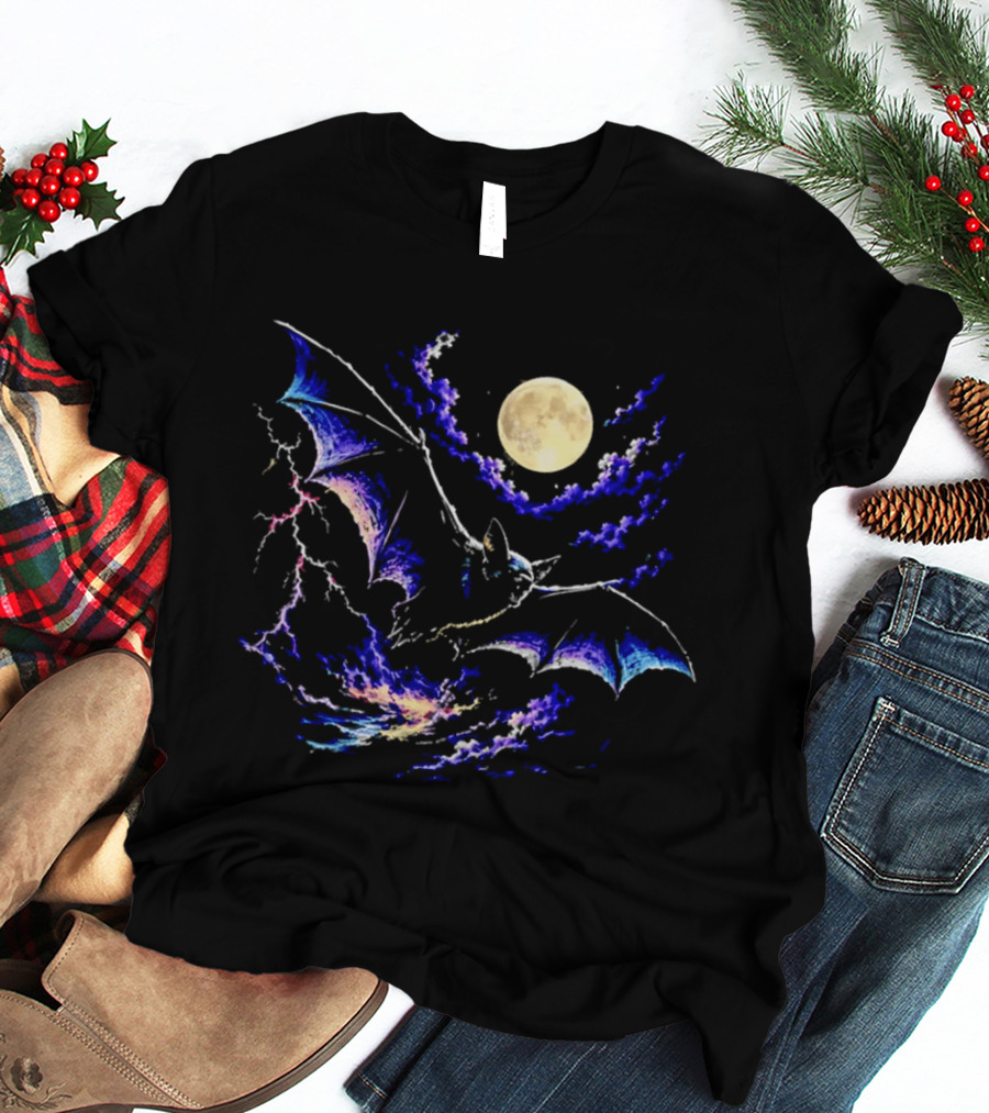 Bat Flying In Stormy Night With Full Moon Lightning And Clouds T-Shirt